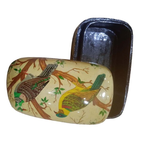 This Paper Machei Trinket Box is is designed with golden yellow, brown, bird attributes with gold veins.